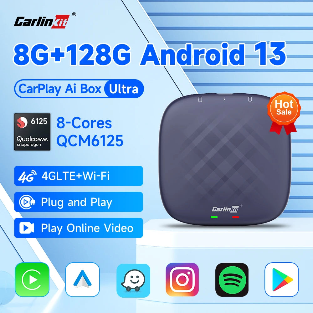 CarlinKit 8G+128G Android 13 CarPlay TV AI Box Ultra QCM6125 8-Cores Wireless CarPlay& Android Auto GPS For YouTube Netflix IPTV